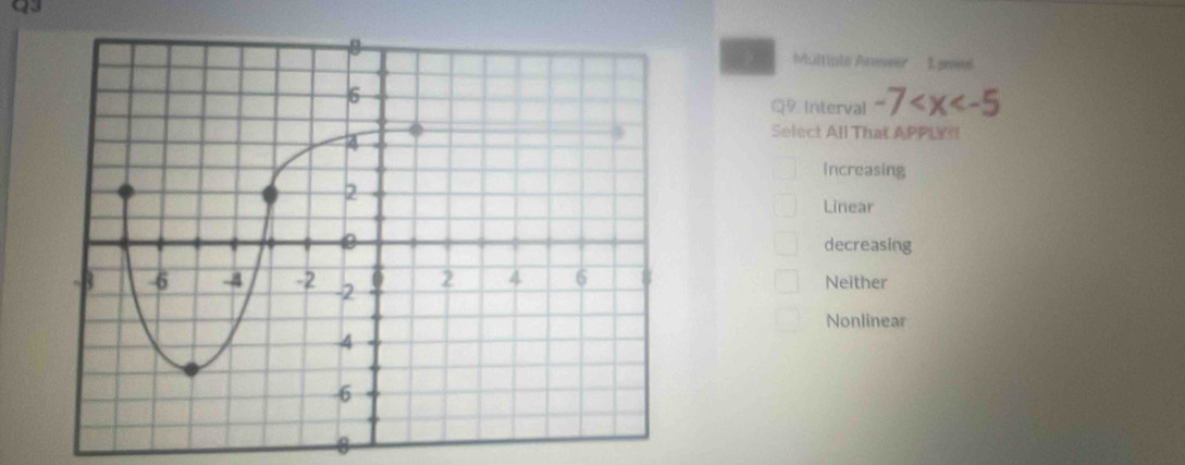 (3
Multiple Annwer L gnee
Q9 Interval -7
Select All That APPLY
Increasing
Linear
decreasing
Neither
Nonlinear
8