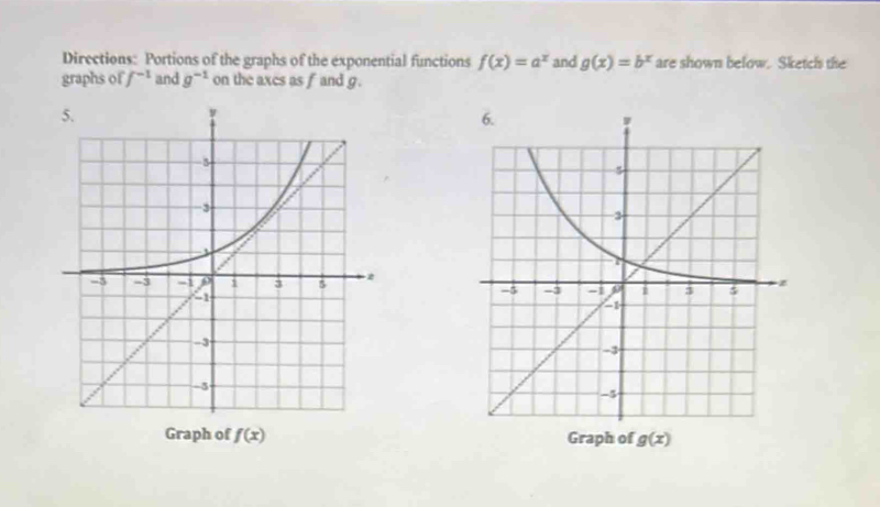 Directions: Portions of the graphs of the exponential functions f(x)=a^x and g(x)=b^x are shown below. Sketc's the 
graphs of f^(-1) and g^(-1) on the axes as f and g. 
Graph of f(x) Graph of g(x)