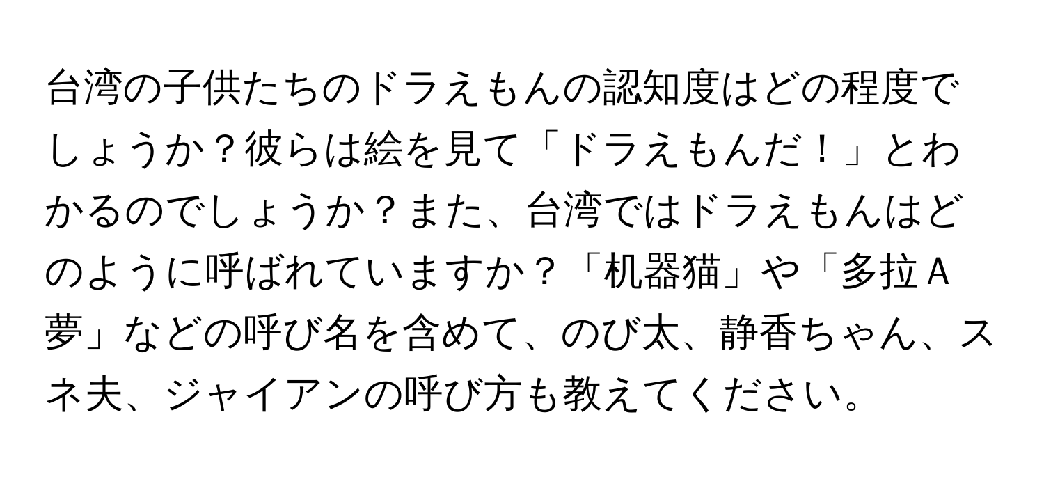 台湾の子供たちのドラえもんの認知度はどの程度でしょうか？彼らは絵を見て「ドラえもんだ！」とわかるのでしょうか？また、台湾ではドラえもんはどのように呼ばれていますか？「机器猫」や「多拉Ａ夢」などの呼び名を含めて、のび太、静香ちゃん、スネ夫、ジャイアンの呼び方も教えてください。