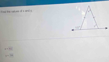 Find the values of x and y.
x=62
y=59