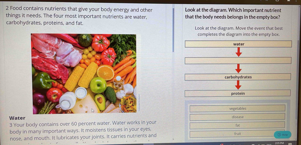 Food contains nutrients that give your body energy and other Look at the diagram. Which important nutrient 
things it needs. The four most important nutrients are water, that the body needs belongs in the empty box? 
carbohydrates, proteins, and fat. 
Look at the diagram. Move the event that best 
completes the diagram into the empty box. 
water 
carbohydrates 
protein 
vegetables 
Water disease 
3 Your body contains over 60 percent water. Water works in your fat 
body in many important ways. It moistens tissues in your eyes, 
nose, and mouth. It lubricates your joints. It carries nutrients and fruit Help