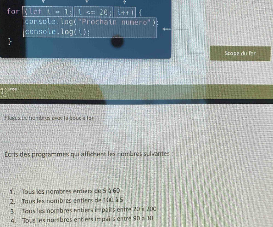 for (let i=1; i ; |i++)
console.log("Prochain numéro"); 
console. log(i); 
Scope du for 
LYON 
Plages de nombres avec la boucle for 
Écris des programmes qui affichent les nombres suivantes : 
1. Tous les nombres entiers de 5 à 60
2. Tous les nombres entiers de 100 à 5
3. Tous les nombres entiers impairs entre 20 à 200
4. Tous les nombres entiers impairs entre 90 à 30