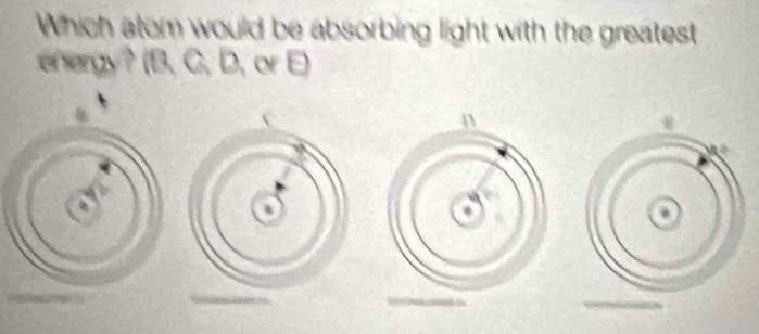 Which atom would be absorbing light with the greatest 
energy? (B. C, D, or E)