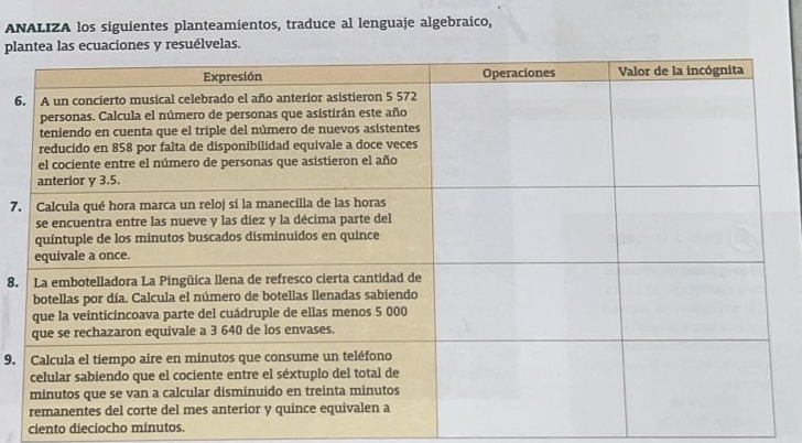 ANALIZA los siguientes planteamientos, traduce al lenguaje algebraico, 
plaones y resuélvelas. 
6 
7. 
8. 
9. 
ciento dieciocho minutos.