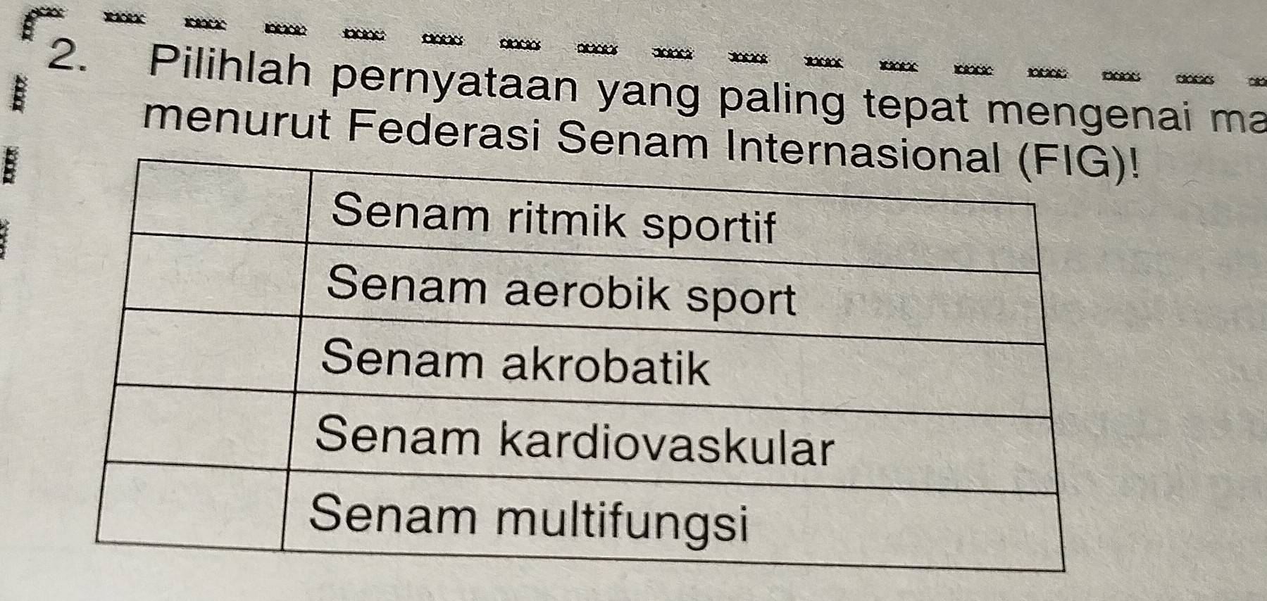 xXxX 
nan 
2. Pilihlah pernyataan yang paling tepat mengenai ma 
menurut Federasi Senam! 
: