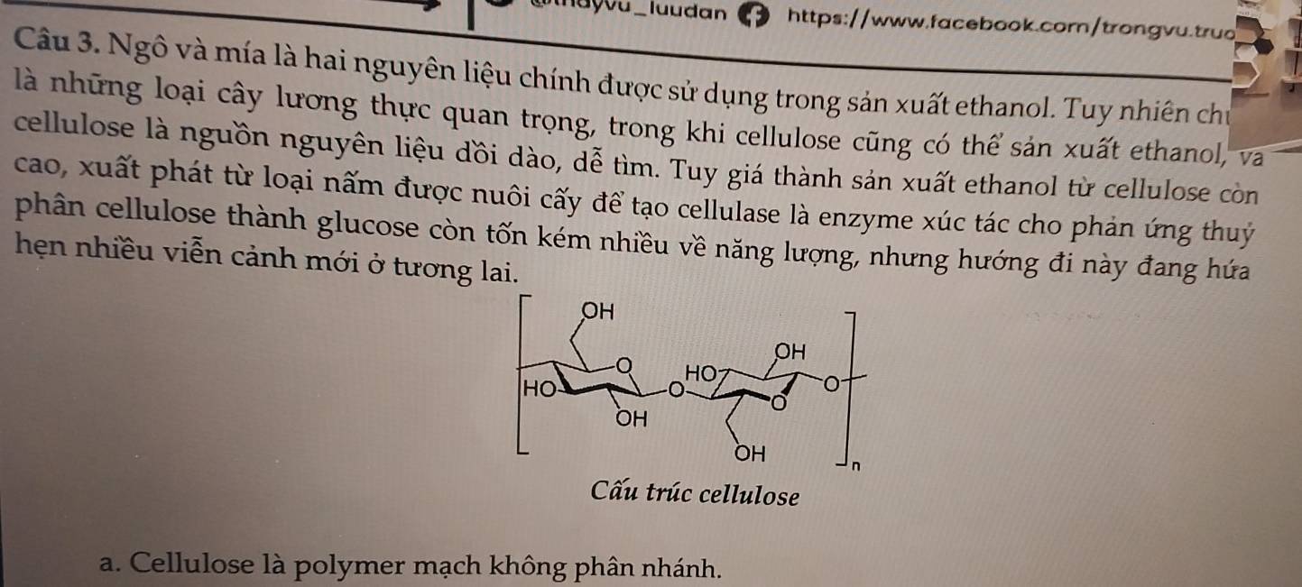 luudan https://www.facebook.corn/trongvu.truo
Câu 3. Ngô và mía là hai nguyên liệu chính được sử dụng trong sản xuất ethanol. Tuy nhiên chủ
là những loại cây lương thực quan trọng, trong khi cellulose cũng có thể sản xuất ethanol, va
cellulose là nguồn nguyên liệu đồi dào, dễ tìm. Tuy giá thành sản xuất ethanol từ cellulose còn
cao, xuất phát từ loại nấm được nuôi cấy để tạo cellulase là enzyme xúc tác cho phản ứng thuỷ
phân cellulose thành glucose còn tốn kém nhiều về năng lượng, nhưng hướng đi này đang hứa
hẹn nhiều viễn cảnh mới ở tương lai.
Cấu trúc cellulose
a. Cellulose là polymer mạch không phân nhánh.