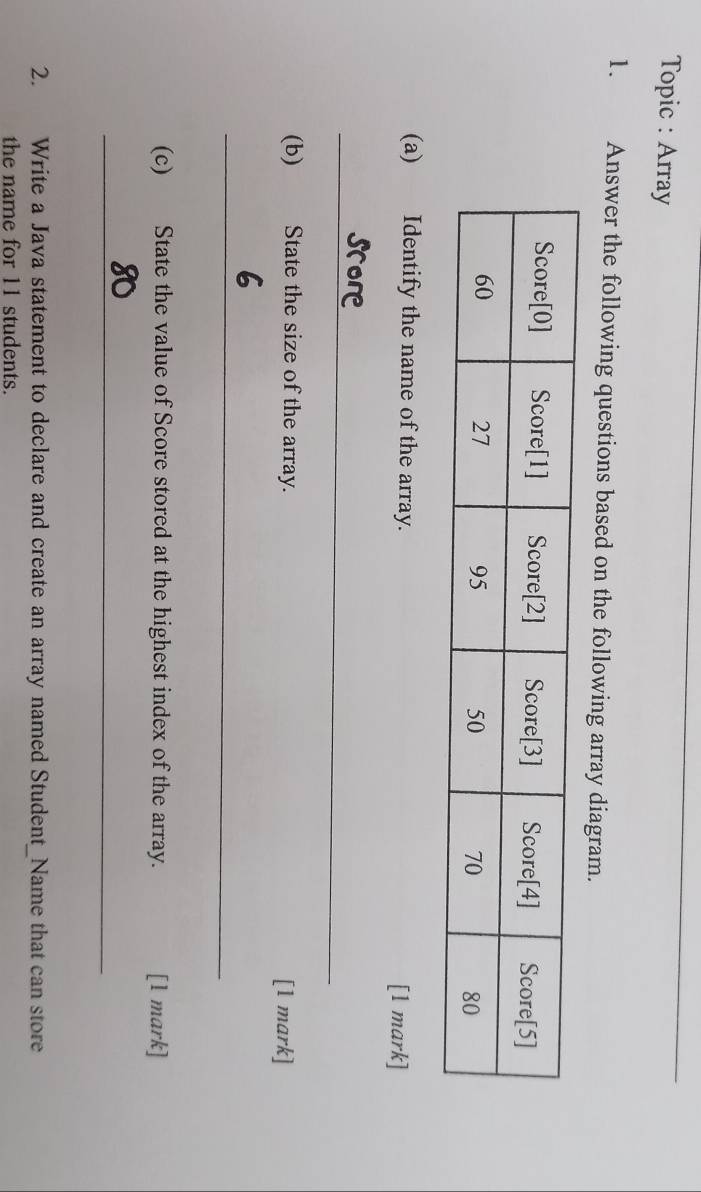 Topic : Array 
1. Answer the following questions based on the following array diagram. 
(a) Identify the name of the array. [1 mark] 
_ 
(b)€£ State the size of the array. [1 mark] 
_ 
(c) State the value of Score stored at the highest index of the array. [1 mark] 
_ 
2. Write a Java statement to declare and create an array named Student_Name that can store 
the name for 11 students.