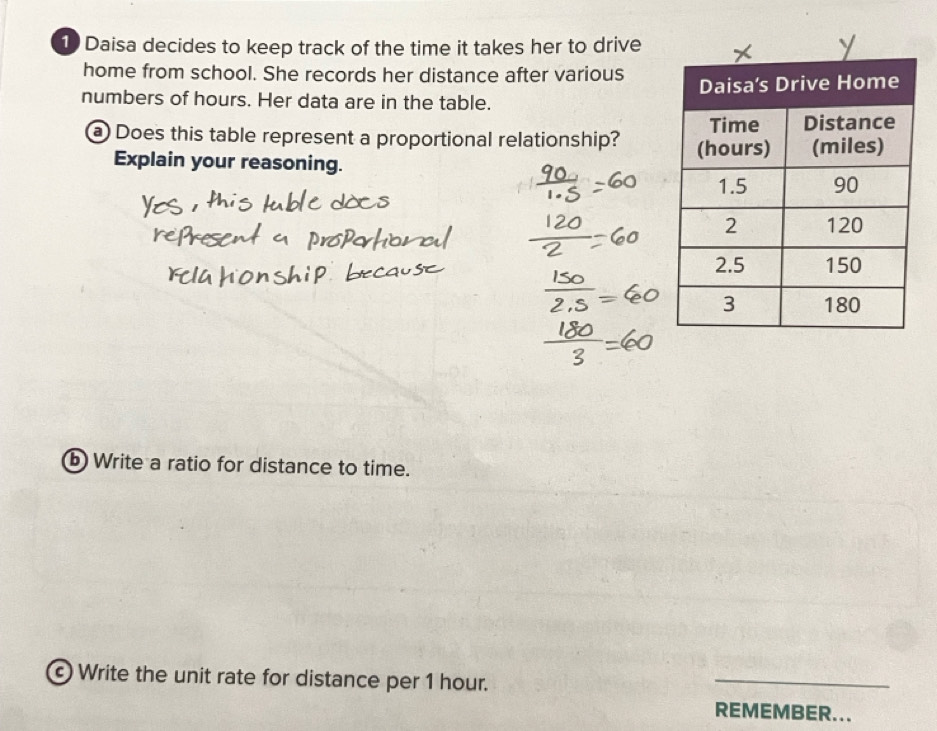 Daisa decides to keep track of the time it takes her to drive 
home from school. She records her distance after various 
numbers of hours. Her data are in the table. 
a Does this table represent a proportional relationship? 
Explain your reasoning. 
b) Write a ratio for distance to time. 
Write the unit rate for distance per 1 hour. 
_ 
REMEMBER...