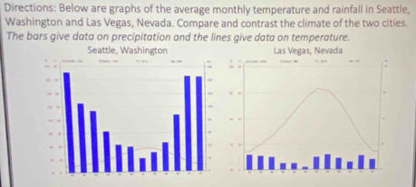 Directions: Below are graphs of the average monthly temperature and rainfall in Seattle, 
Washington and Las Vegas, Nevada. Compare and contrast the climate of the two cities. 
The bars give data on precipitation and the lines give data on temperature.