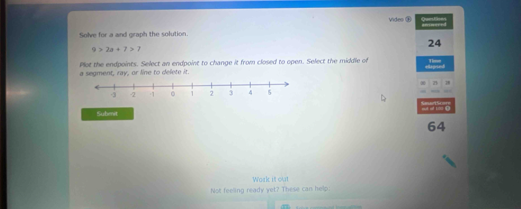 Video ⑥ Questions 
answered 
Solve for a and graph the solution.
9>2a+7>7
24 
Plot the endpoints. Select an endpoint to change it from closed to open. Select the middle of elapsed Time 
a segment, ray, or line to delete it. 
00 75 28 
SmartScore 
Submit out of 100 0
64
Work it out 
Not feeling ready yet? These can help: