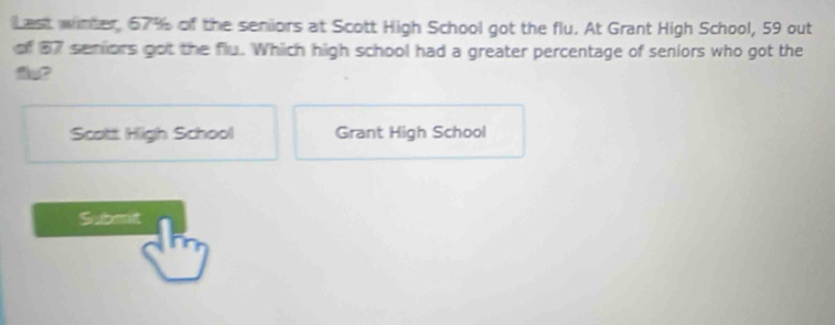 Last winter, 67% of the seniors at Scott High School got the flu. At Grant High School, 59 out 
of 87 seniors got the flu. Which high school had a greater percentage of seniors who got the 
aC 
Scottt High School Grant High School 
Submit