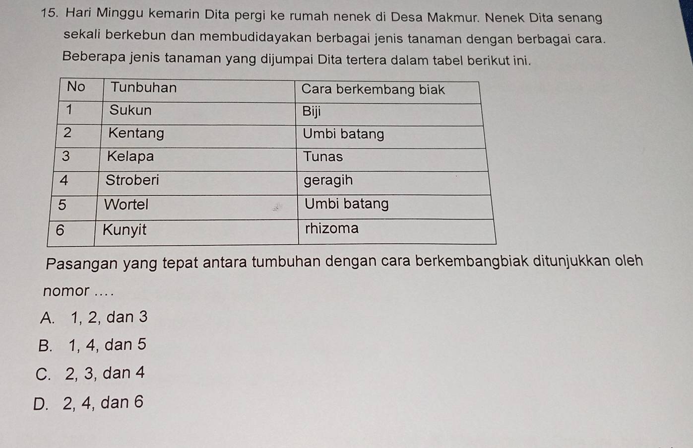 Hari Minggu kemarin Dita pergi ke rumah nenek di Desa Makmur. Nenek Dita senang
sekali berkebun dan membudidayakan berbagai jenis tanaman dengan berbagai cara.
Beberapa jenis tanaman yang dijumpai Dita tertera dalam tabel berikut ini.
Pasangan yang tepat antara tumbuhan dengan cara berkembangbiak ditunjukkan oleh
nomor ... .
A. 1, 2, dan 3
B. 1, 4, dan 5
C. 2, 3, dan 4
D. 2, 4, dan 6