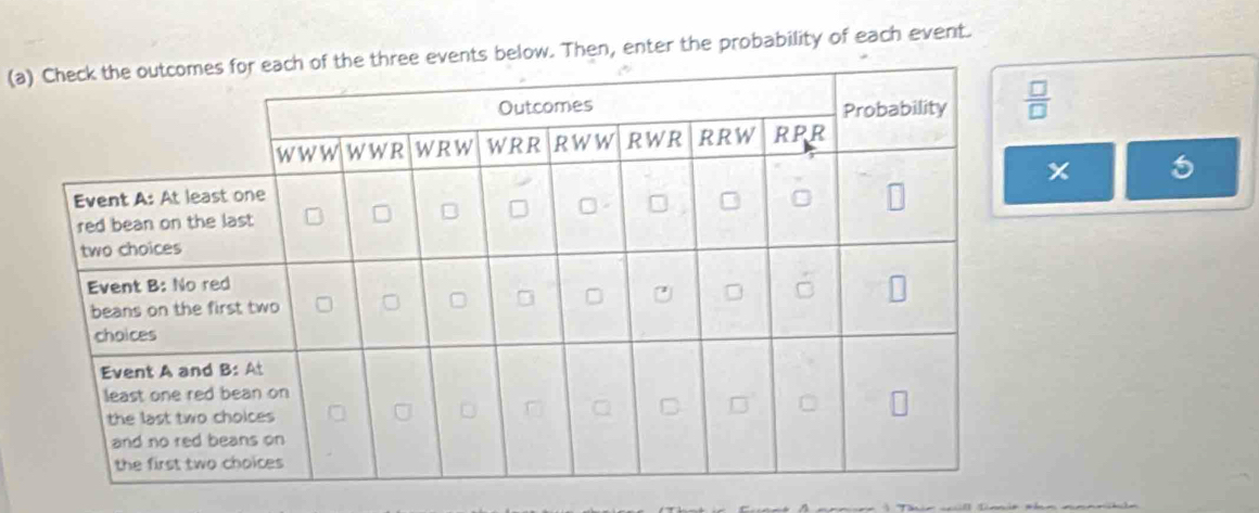 (aelow. Then, enter the probability of each event.
x