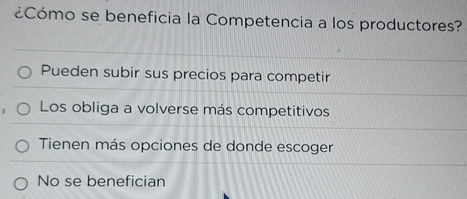 ¿Cómo se beneficia la Competencia a los productores?
Pueden subir sus precios para competir
Los obliga a volverse más competitivos
Tienen más opciones de donde escoger
No se benefician