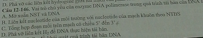 D. Phá vỡ các liên kết hydrogene giữa hài mạch tủ
Câu 12-146. Vai trò chủ yếu của enzyme DNA polimerase trong quá trình tái bản của DNA I
A. Mở xoắn NST và DNA
B. Liên kết nucleotide của môi trường với nucleotide của mạch khuôn theo NTBS
C. Tổng hợp đoạn mồi trên mạch có chiều 5^, đến 3'
D. Phá vỡ liên kết H_2 để DNA thực hiện tái bản.
ghái quát quá trình tái bản DNA