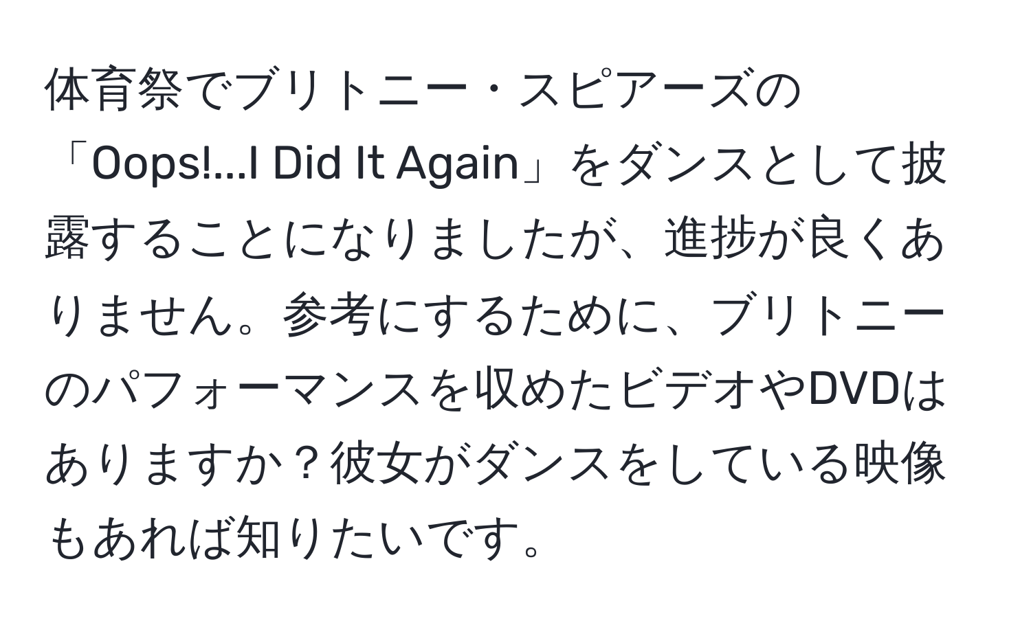 体育祭でブリトニー・スピアーズの「Oops!...I Did It Again」をダンスとして披露することになりましたが、進捗が良くありません。参考にするために、ブリトニーのパフォーマンスを収めたビデオやDVDはありますか？彼女がダンスをしている映像もあれば知りたいです。