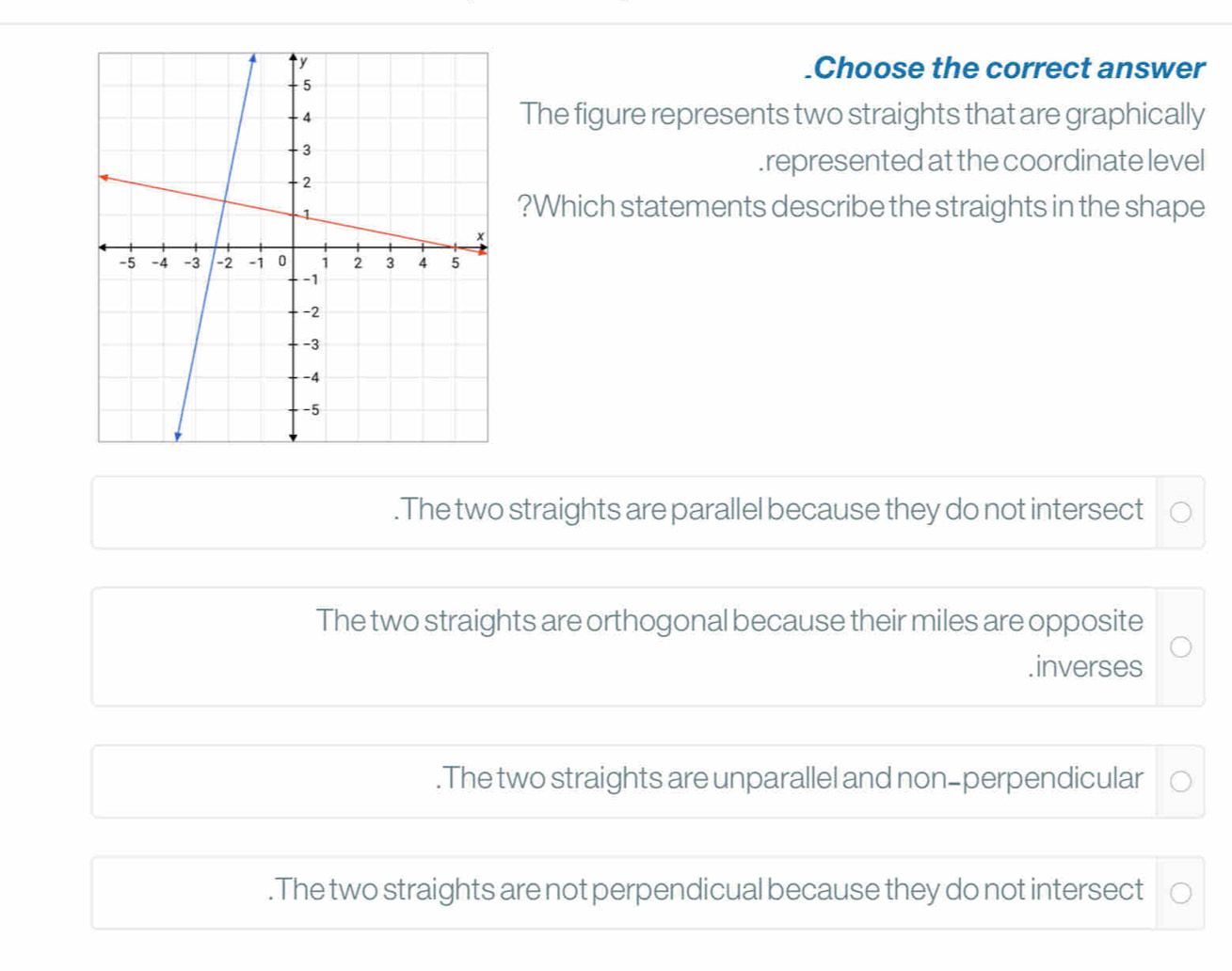 .Choose the correct answer
The figure represents two straights that are graphically
. represented at the coordinate level
?Which statements describe the straights in the shape. The two straights are parallel because they do not intersect J
The two straights are orthogonal because their miles are opposite
.inverses.The two straights are unparallel and non-perpendicular. The two straights are not perpendicual because they do not intersect I