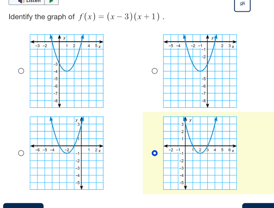 Listen 
Identify the graph of f(x)=(x-3)(x+1).