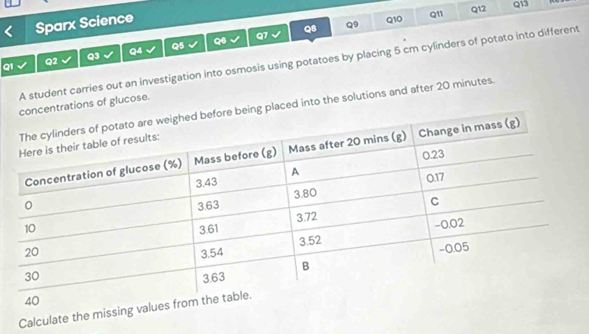 Sparx Science 
Q1 Q2 Q3 Q4 Q5 Q6 
Q7 
Q8 Q9 Q10 Q11 
Q12 Q13 
A student carries out an investigation into osmosis using potatoes by placing 5 cm cylinders of potato into different 
rations of glucose. 
placed into the solutions and after 20 minutes. 
Calculate the missin