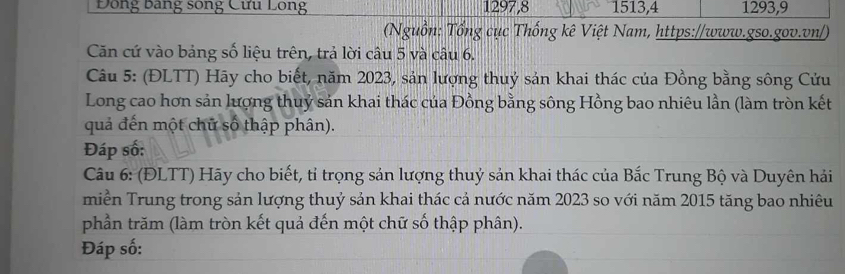 Đông Bảng sông Cưu Long 1297, 8 1513, 4 1293, 9
(Nguồn: Tổng cục Thống kê Việt Nam, https://www.gso.gov.vn/) 
Căn cứ vào bảng số liệu trên, trả lời câu 5 và câu 6. 
Câu 5: (ĐLTT) Hãy cho biết, năm 2023, sản lượng thuý sản khai thác của Đồng bằng sông Cửu 
Long cao hơn sản lượng thuỷ sản khai thác của Đồng bằng sông Hồng bao nhiêu lần (làm tròn kết 
quả đến một chữ số thập phân). 
Đáp số: 
Câu 6: (ĐLTT) Hãy cho biết, tỉ trọng sản lượng thuỷ sản khai thác của Bắc Trung Bộ và Duyên hải 
miền Trung trong sản lượng thuỷ sản khai thác cả nước năm 2023 so với năm 2015 tăng bao nhiêu 
phần trăm (làm tròn kết quả đến một chữ số thập phân). 
Đáp số: