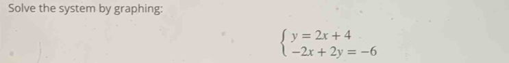 Solve the system by graphing:
beginarrayl y=2x+4 -2x+2y=-6endarray.