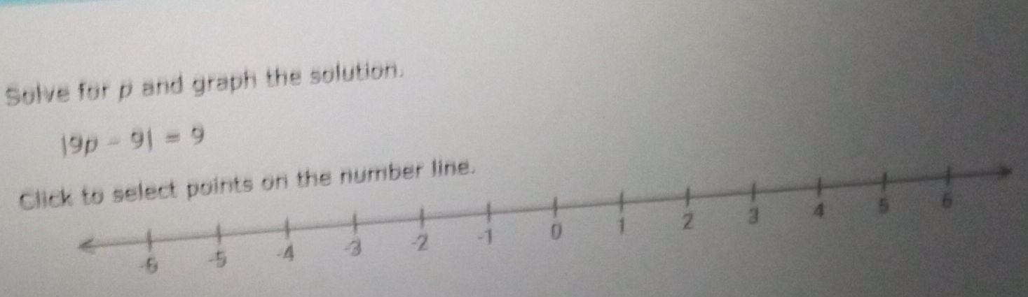 Solve for p and graph the solution.
|9p-9|=9