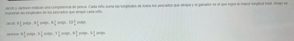 Jacob y Jackson realizan una competencia de pesca. Cada niño suma las longitudes de todos los pescados que atrapa y el ganador es el que logra la mayor longitud total. Abajo se
muestran las longitudes de los pescados que atrapó cada niño.
Jacob 5 1/2  pulgs. 8 1/8  pulgs. 6 7/8  puigs. 12 3/4  pulgs
Jackson: 6 3/4  pulgs., 5 7/8  pulgs., 7 1/8  pulgs., 6 3/4  pulgs., 5 1/4  pulgs.