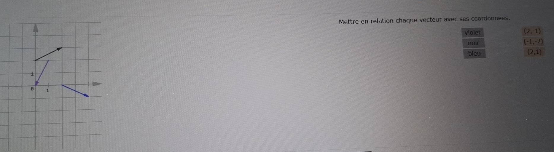 Mettre en relation chaque vecteur avec ses coordonnées. 
violet (2,-1)
noir (-1,-2)
bleu
(2,1)