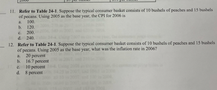 Refer to Table 24-1. Suppose the typical consumer basket consists of 10 bushels of peaches and 15 bushels
of pecans. Using 2005 as the base year, the CPI for 2006 is
a. 100.
b. 120.
c. 200.
d. 240.
_12. Refer to Table 24-1. Suppose the typical consumer basket consists of 10 bushels of peaches and 15 bushels
of pecans. Using 2005 as the base year, what was the inflation rate in 2006?
a. 20 percent
b. 16.7 percent
c. 10 percent
d. 8 percent