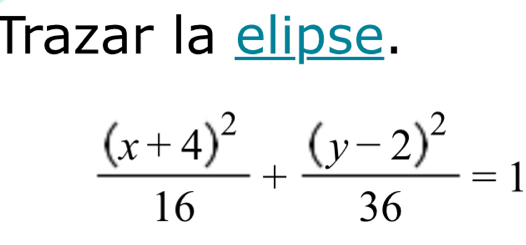 Trazar la elipse.
frac (x+4)^216+frac (y-2)^236=1