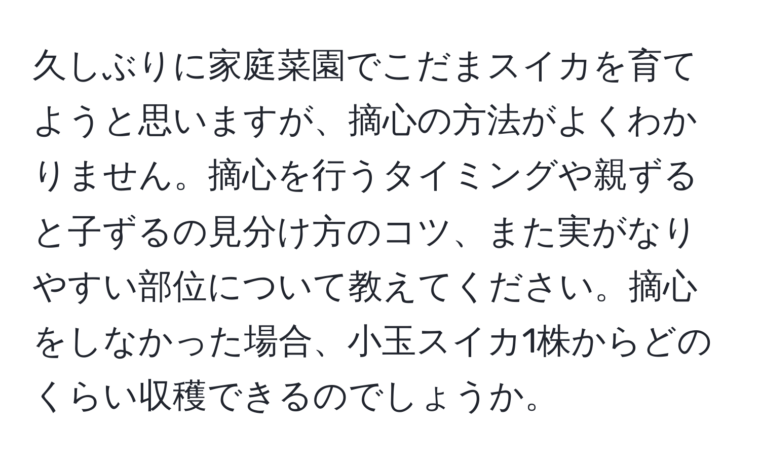 久しぶりに家庭菜園でこだまスイカを育てようと思いますが、摘心の方法がよくわかりません。摘心を行うタイミングや親ずると子ずるの見分け方のコツ、また実がなりやすい部位について教えてください。摘心をしなかった場合、小玉スイカ1株からどのくらい収穫できるのでしょうか。