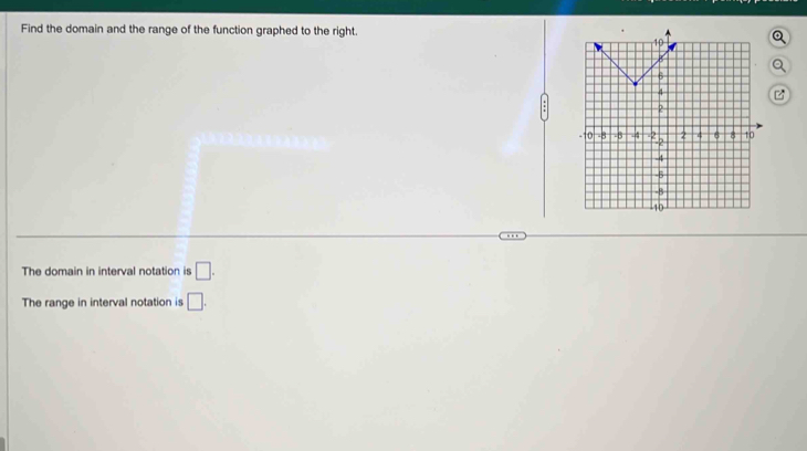 Find the domain and the range of the function graphed to the right. 
The domain in interval notation is □. 
The range in interval notation is □.