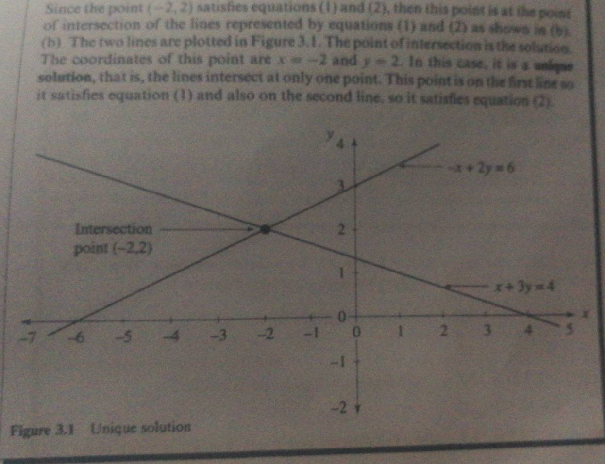 Since the point (-2,2) satisfies equations (1) and (2), then this point is at the poins
of intersection of the lines represented by equations (1) and (2) as shown in (b).
(b) The two lines are plotted in Figure 3.1. The point of intersection is the solution.
The coordinates of this point are x=-2 and y=2. In this case, it is a unkque
solution, that is, the lines intersect at only one point. This point is on the first line so
it satisfies equation (1) and also on the second line, so it satisfies equation (2).
F