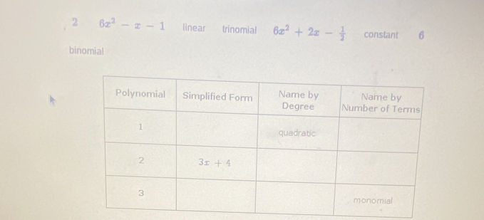 2 6x^2-x-1 linear trinomial 6x^2+2x- 1/2  constant 6
binomial