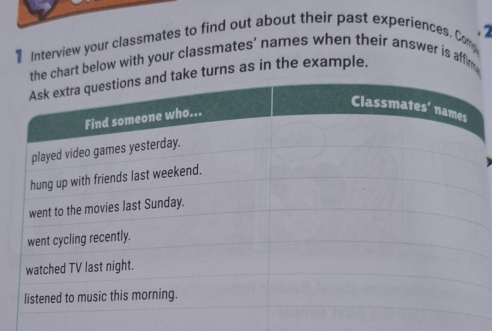 Interview your classmates to find out about their past experiences. Com 
2 
hart below with your classmates’ names when their answer is affirm 
turns as in the example.