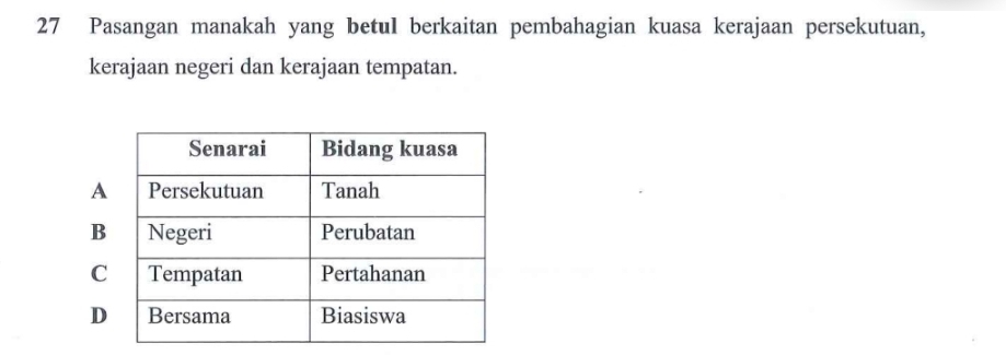 Pasangan manakah yang betul berkaitan pembahagian kuasa kerajaan persekutuan, 
kerajaan negeri dan kerajaan tempatan.