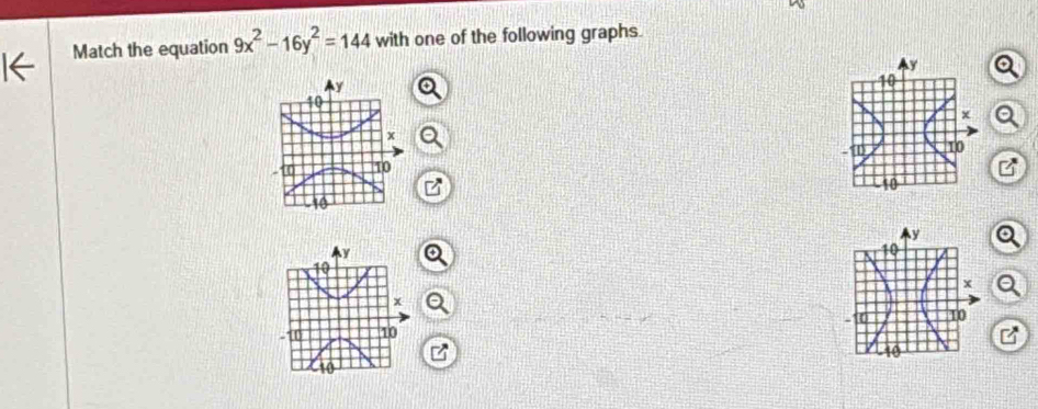 Match the equation 9x^2-16y^2=144 with one of the following graphs.

Y
10
x. 1 10
10