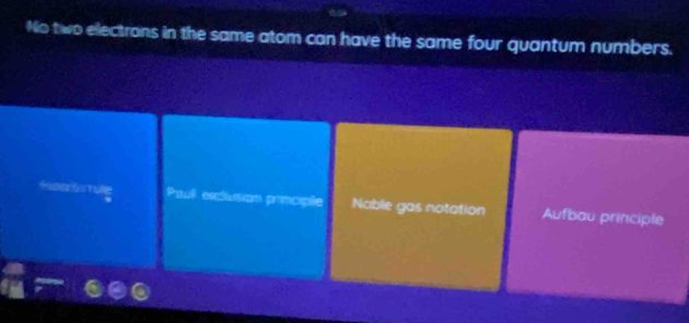 No two electrons in the same atom can have the same four quantum numbers.
Paul excllusom prmople Nable gas notation Aufbau principle