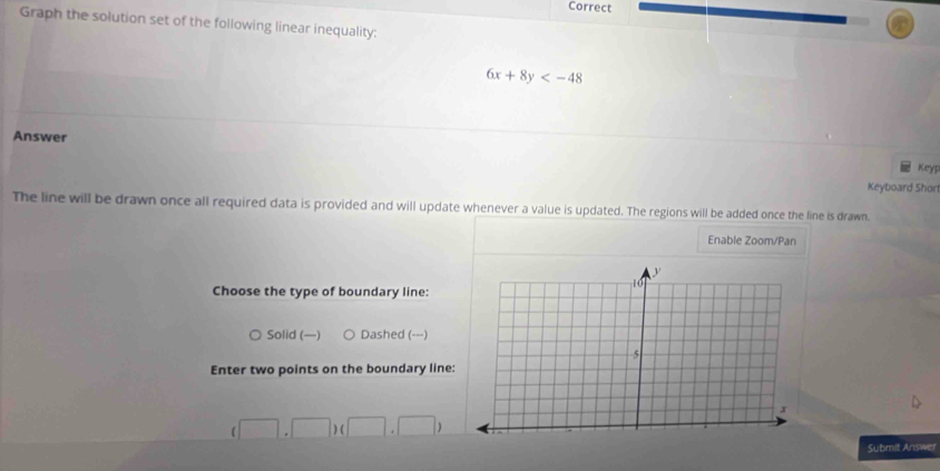 Correct
Graph the solution set of the following linear inequality:
6x+8y
Answer
Keyp
Keyboard Short
The line will be drawn once all required data is provided and will update whenever a value is updated. The regions will be added once the line is drawn.
Enable Zoom/Pan
Choose the type of boundary line:
Solid (—) Dashed (---)
Enter two points on the boundary line:
(□ ,□ )(□ ,□ )
Submit Answer