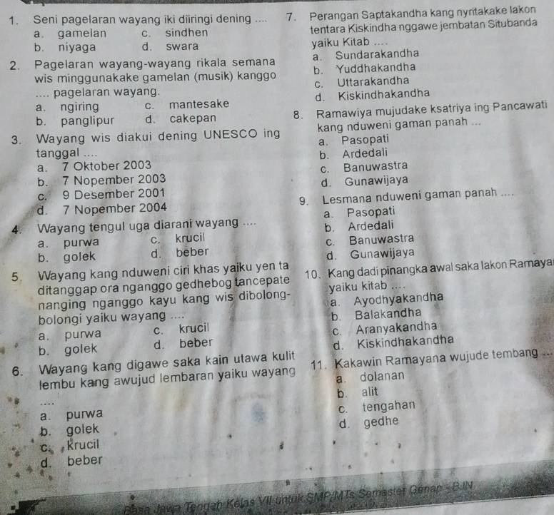 Seni pagelaran wayang iki diiringi dening .... 7. Perangan Saptakandha kang nyritakake lakon
a gamelan c. sindhen tentara Kiskindha nggawe jembatan Situbanda
b. niyaga d. swara yaiku Kitab …
a. Sundarakandha
2. Pagelaran wayang-wayang rikala semana b. Yuddhakandha
wis minggunakake gamelan (musik) kanggo c. Uttarakandha
.... pagelaran wayang.
a. ngiring c. mantesake d. Kiskindhakandha
b. panglipur d. cakepan 8. Ramawiya mujudake ksatriya ing Pancawati
3. Wayang wis diakui dening UNESCO ing kang nduweni gaman panah ...
a. Pasopati
tanggal .... b. Ardedali
a. 7 Oktober 2003
b. 7 Nopember 2003 c. Banuwastra
c. 9 Desember 2001 d. Gunawijaya
d. 7 Nopember 2004 9. Lesmana nduweni gaman panah ....
4. Wayang tengul uga diarani wayang .... a Pasopati
a. purwa c. krucil b. Ardedali
b. golek d. beber c. Banuwastra
d. Gunawijaya
5. Wayang kang nduweni ciri khas yaiku yen ta
ditanggap ora nganggo gedhebog tancepate 10、 Kang dadi pinangka awal saka lakon Ramaya
nanging nganggo kayu kang wis dibolong- yaiku kitab ....
a. Ayodhyakandha
bolongi yaiku wayang ....
a. purwa c. krucil b. Balakandha
b. golek d. beber c. Aranyakandha
d. Kiskindhakandha
6. Wayang kang digawe saka kain utawa kulit
lembu kang awujud lembaran yaiku wayang 11. Kakawin Ramayana wujude tembang .
a. dolanan
a. purwa b. alit
..
c. tengahan
b. golek
c Krucil d gedhe
1
d. beber
Basa Java Tengah Kélas VII untuk SMP/MTs Semaster Genap - B.IN