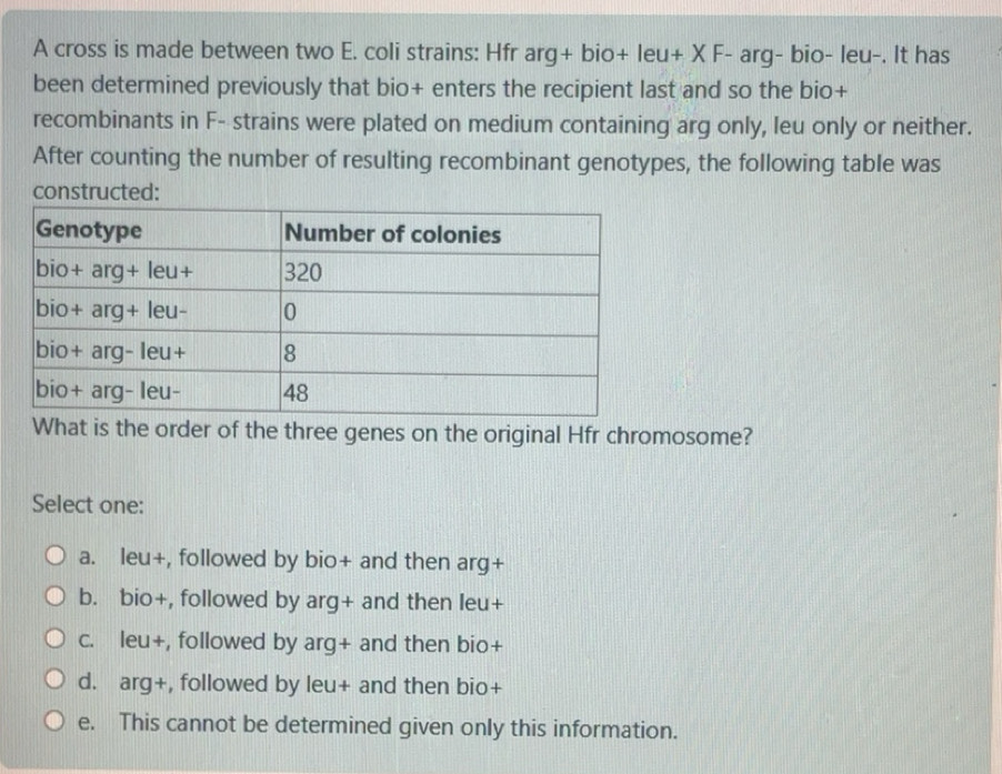 Solved: A cross is made between two E. coli strains: Hfr arg+ bio+ leu+ ...
