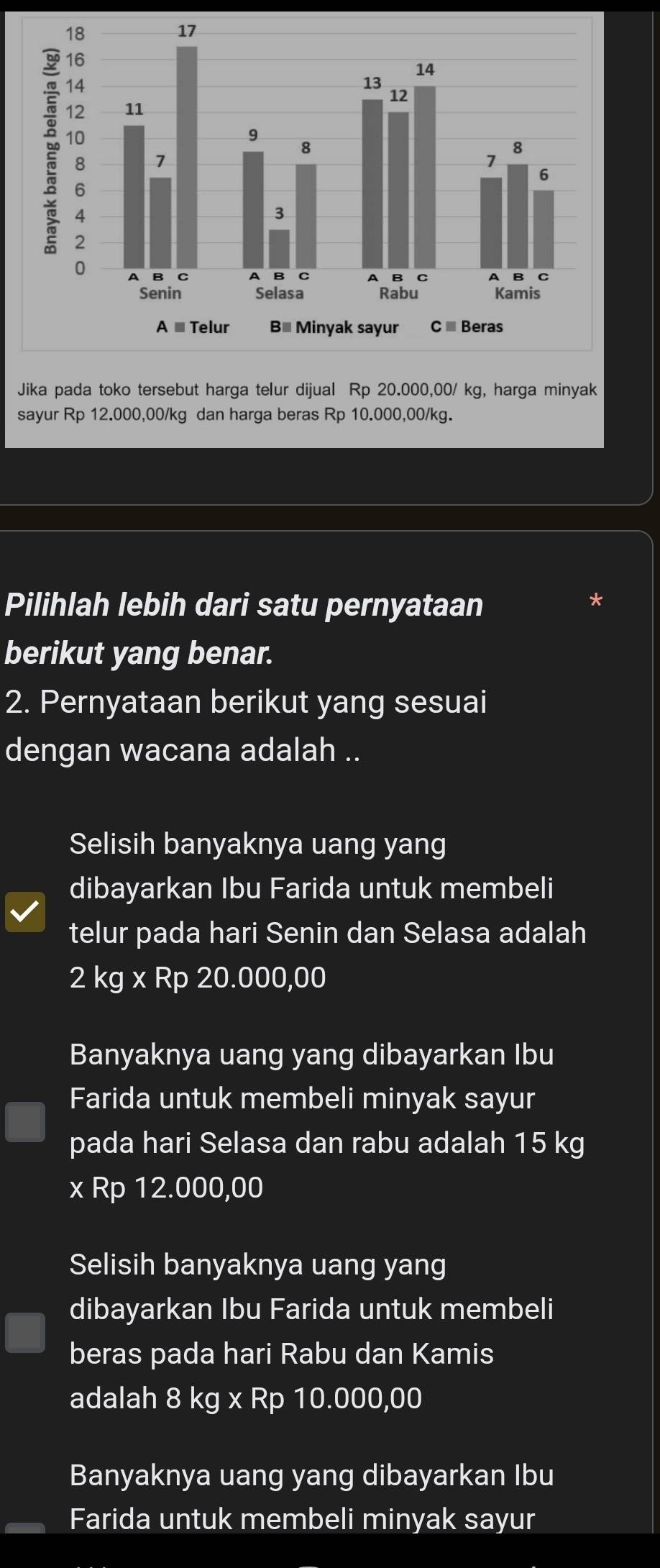 Jika pada toko tersebut harga telur dijual Rp 20.000,00/ kg, harga minyak
sayur Rp 12.000,00/kg dan harga beras Rp 10.000,00/kg.
Pilihlah lebih dari satu pernyataan
berikut yang benar.
2. Pernyataan berikut yang sesuai
dengan wacana adalah ..
Selisih banyaknya uang yang
dibayarkan Ibu Farida untuk membeli
telur pada hari Senin dan Selasa adalah
2 kg x Rp 20.000,00
Banyaknya uang yang dibayarkan Ibu
Farida untuk membeli minyak sayur
pada hari Selasa dan rabu adalah 15 kg
x Rp 12.000,00
Selisih banyaknya uang yang
dibayarkan Ibu Farida untuk membeli
beras pada hari Rabu dan Kamis
adalah 8 kg x Rp 10.000,00
Banyaknya uang yang dibayarkan Ibu
Farida untuk membeli minyak sayur