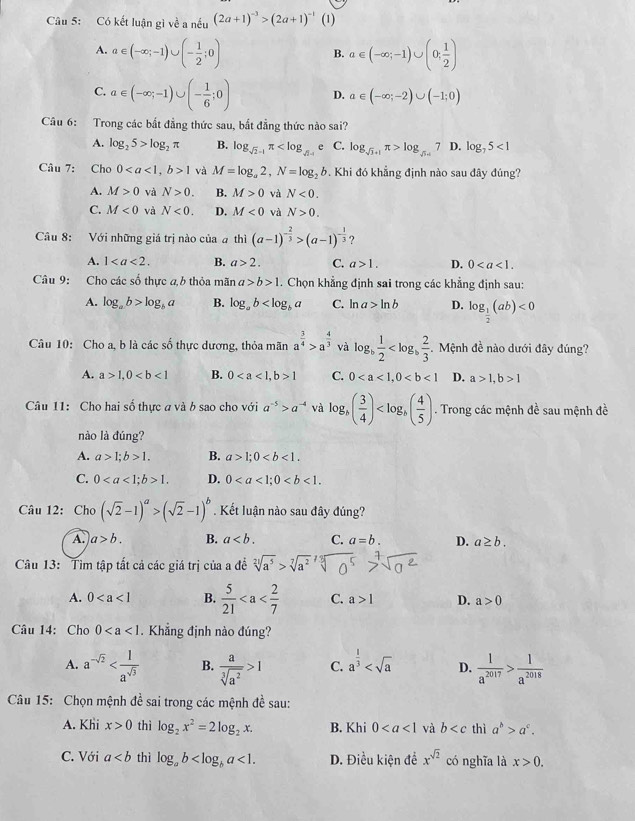 Có kết luận gì về a nếu (2a+1)^-3>(2a+1)^-1 (1)
A. a∈ (-∈fty ;-1)∪ (- 1/2 ;0) a∈ (-∈fty ;-1)∪ (0; 1/2 )
B.
C. a∈ (-∈fty ;-1)∪ (- 1/6 ;0) D. a∈ (-∈fty ;-2)∪ (-1;0)
Câu 6: Trong các bất đẳng thức sau, bắt đẳng thức nào sai?
A. log _25>log _2π B. log _sqrt(2)-1π e C. log _sqrt(3+1)π >log _sqrt(3+4)7 D. log _75<1</tex>
Câu 7: Cho 01 và M=log _a2,N=log _2b. Khi đó khẳng định nào sau đây đúng?
A. M>0 và N>0. B. M>0 và N<0.
C. M<0</tex> và N<0. D. M<0</tex> và N>0.
Câu 8: Với những giá trị nào của a thì (a-1)^- 2/3 >(a-1)^- 1/3  ?
A. 1 B. a>2. C. a>1. D. 0
Câu 9: Cho các số thực ab thỏa mãn a>b>1. Chọn khẳng định sai trong các khẳng định sau:
A. log _ab>log _ba B. log _ab C. ln a>ln b D. log _ 1/2 (ab)<0</tex>
Câu 10: Cho a, b là các số thực dương, thỏa mãn a^(frac 3)4>a^(frac 4)3 và log _b 1/2  Mệnh đề nào dưới đây đúng?
A. a>1,0 B. 01 C. 0 D. a>1,b>1
Câu 11: Cho hai số thực a và b sao cho với a^(-5)>a^(-4) và log _h( 3/4 ) . Trong các mệnh đề sau mệnh đề
nào là đúng?
A. a>1;b>1. B. a>1;0
C. 01. D. 0
Câu 12: Cho (sqrt(2)-1)^a>(sqrt(2)-1)^b. Kết luận nào sau đây đúng?
A. a>b. B. a C. a=b. D. a≥ b.
Câu 13: Tìm tập tất cả các giá trị của a đề sqrt[3](a^5)>sqrt[7](a)
A. 0 B.  5/21  C. a>1 D. a>0
Câu 14: Cho 0 Khẳng định nào đúng?
A. a^(-sqrt(2)) B.  a/sqrt[3](a^2) >1 C. a^(frac 1)3 D.  1/a^(2017) > 1/a^(2018) 
Câu 15: Chọn mệnh đề sai trong các mệnh đề sau:
A. Khi x>0 thì log _2x^2=2log _2x. B. Khi 0 và b thì a^b>a^c.
C. Với a thì log _ab <1. D. Điều kiện để x^(sqrt(2)) có nghĩa là x>0.