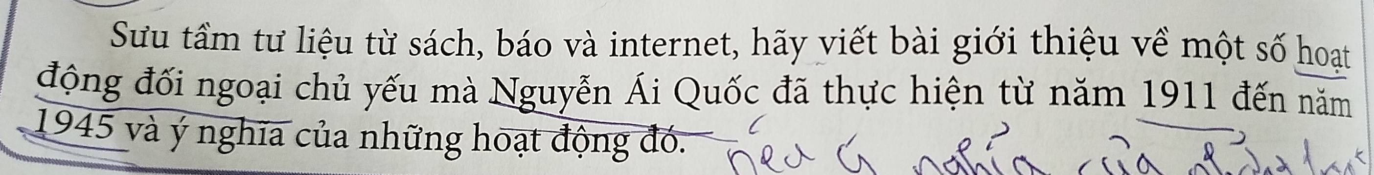 Sưu tầm tư liệu từ sách, báo và internet, hãy viết bài giới thiệu về một số hoạt 
động đối ngoại chủ yếu mà Nguyễn Ái Quốc đã thực hiện từ năm 1911 đến năm 
1945 và ý nghĩa của những hoạt động đó. `