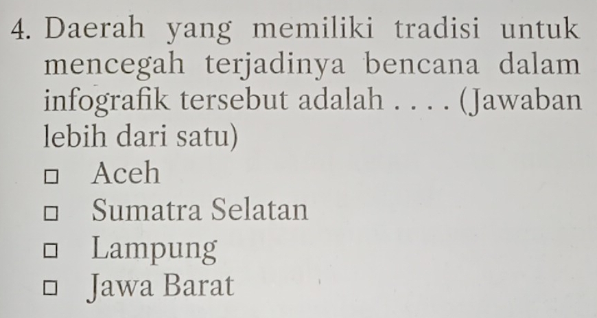 Daerah yang memiliki tradisi untuk
mencegah terjadinya bencana dalam
infografik tersebut adalah . . . . (Jawaban
lebih dari satu)
Aceh
Sumatra Selatan
Lampung
Jawa Barat