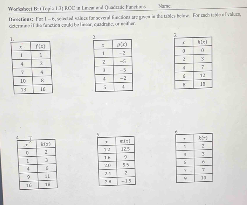 Worksheet B: (Topic 1.3) ROC in Linear and Quadratic Functions Name:
Directions: For 1 -6, selected values for several functions are given in the tables below. For each table of values,
determine if the function could be linear, quadratic, or neither.