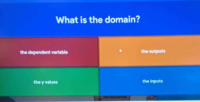 What is the domain?
the dependent variable the outputs
the y values the inputs
FISH COLLECTION