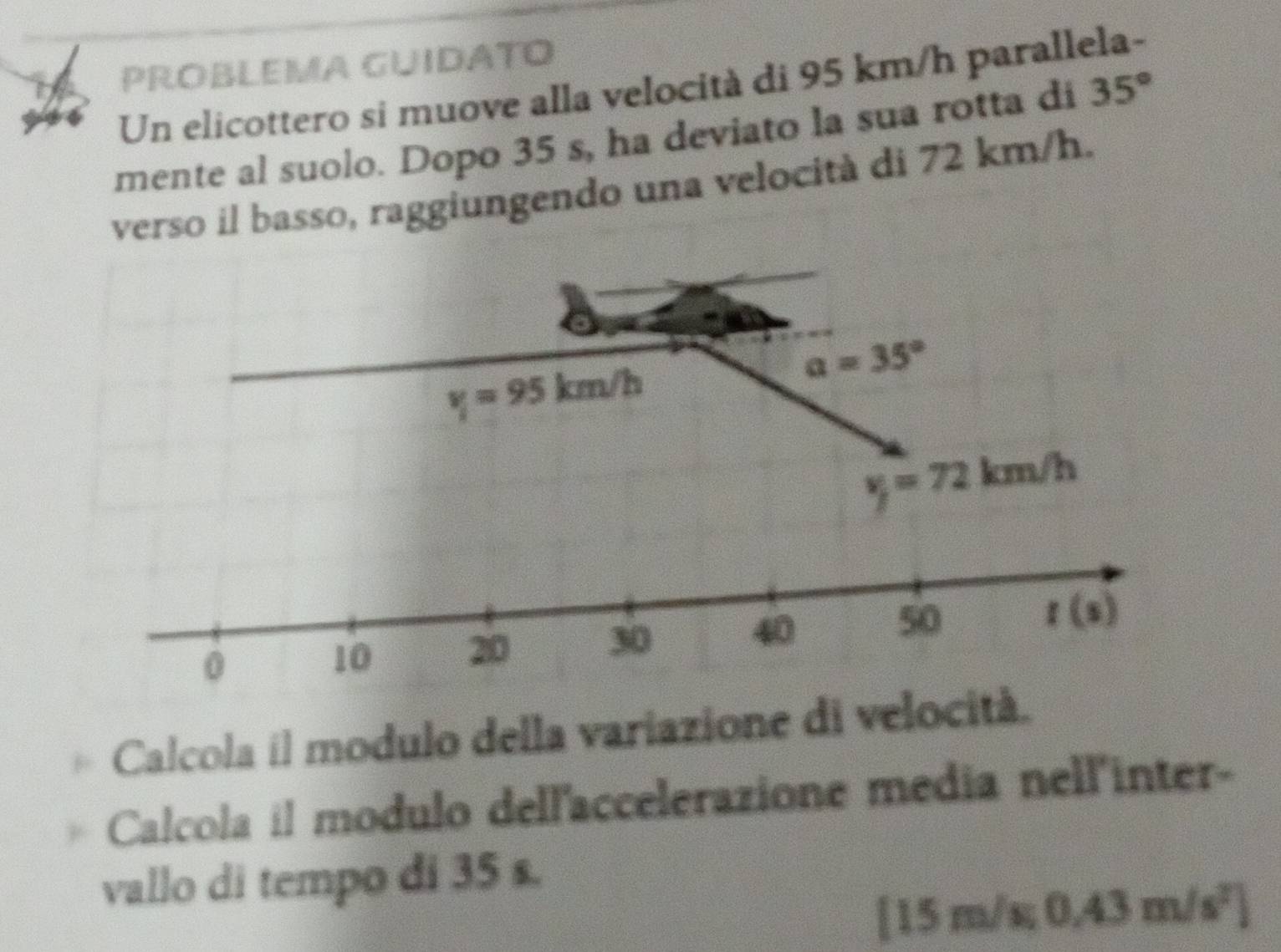 PROBLEMA GUIDATO 
Un elicottero si muove alla velocità di 95 km/h parallela- 
mente al suolo. Dopo 35 s, ha deviato la sua rotta di 35°
verso il basso, raggiungendo una velocità di 72 km/h.
v_1=95km/h
a=35°
v_j=72km/h
0
10 20 30 40 50
I(s)
Calcola il modulo della variazione di velocità. 
Calcola il modulo dell'accelerazione media nell'inter- 
vallo di tempo di 35 s.
[15m/s,0.43m/s^2]