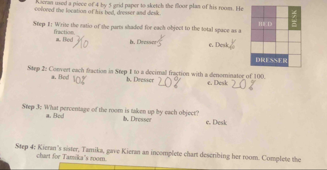Solved: Kieran used a piece of 4 by 5 grid paper to sketch the floor ...