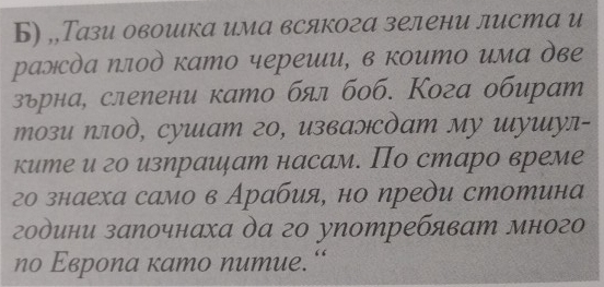 Б) „„Тази овошιка има всякога зелени листа и 
раэсὸа ΝлΟὸ като череши, в които има ὸве 
зърна, слелени като бял боб. Кога обират 
този плоὸ, сушат 20, изваэὸат му ушул- 
ките и го излраиат насам. По старо време 
го знаеха само в Арабия, но ηреди стотина 
години заΝочнаха да г0 употребяват много 
nо Εвроnа кamo numue.“